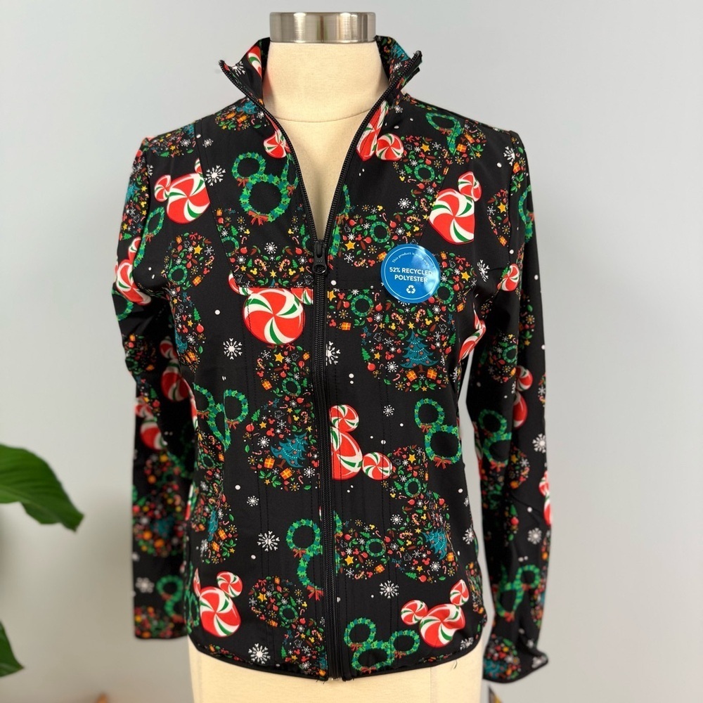 NWT Cherokee Disney Mickey Mouse Christmas Scrub Jacket XS Black Holiday Scrubs